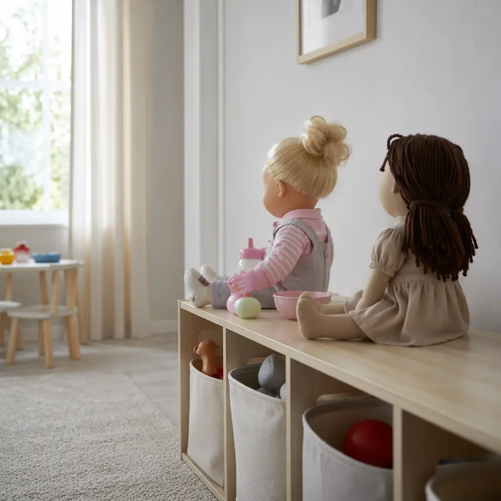 Interactive and classic dolls displayed side by side in a child's playroom