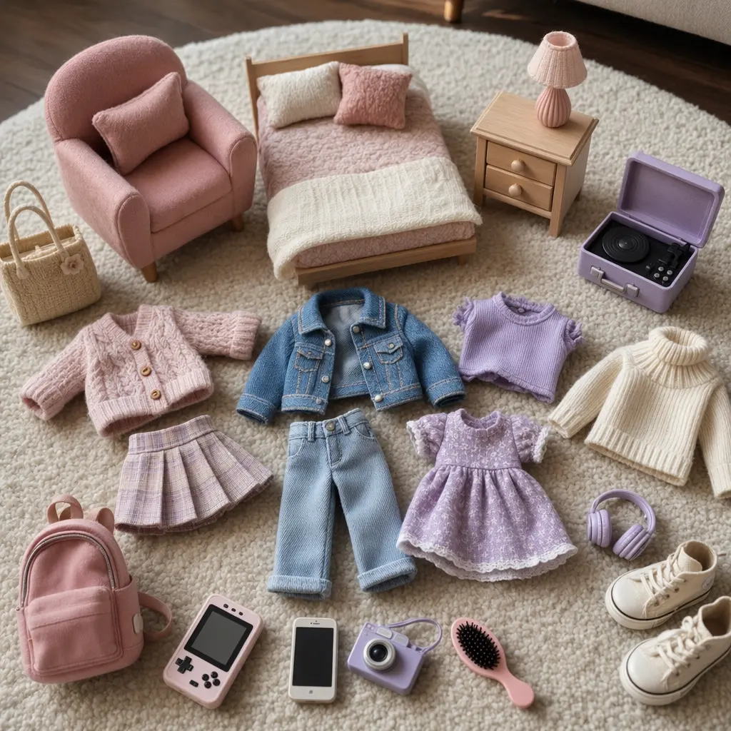 Doll accessories and clothing arranged on a rug for pretend play