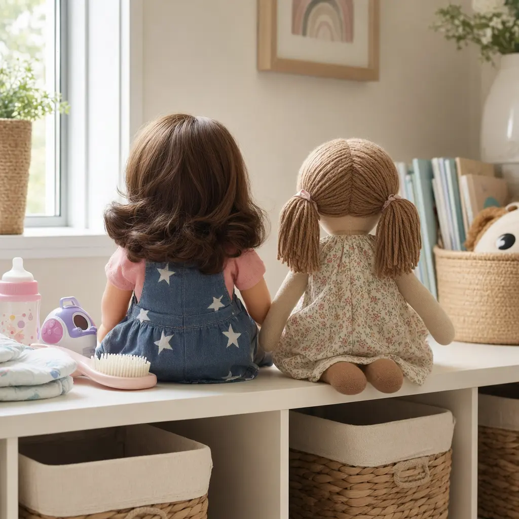Interactive-style doll and traditional doll displayed side by side in a child’s playroom