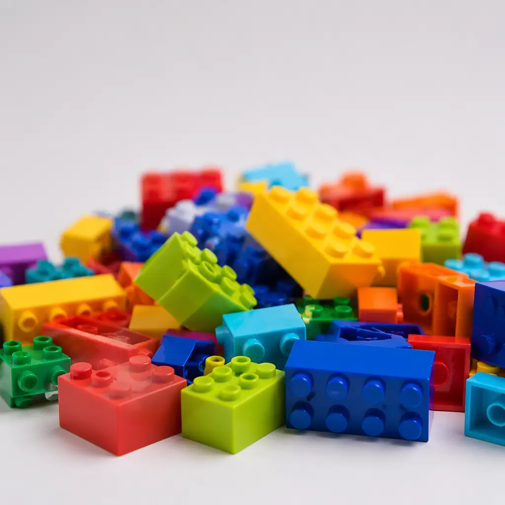 A colourful assortment of interlocking plastic building bricks