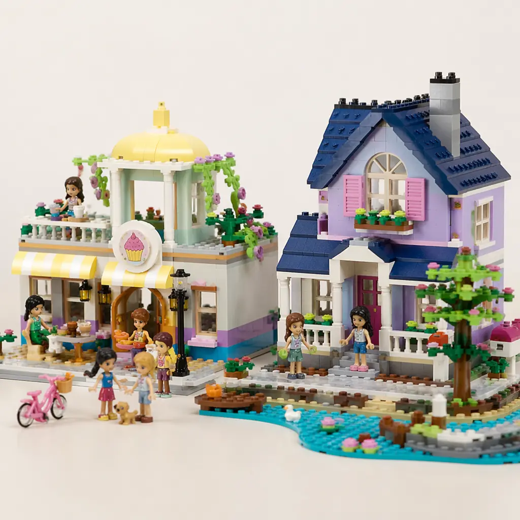 A pastel-coloured building toy scene with small figures and detailed brick-built buildings