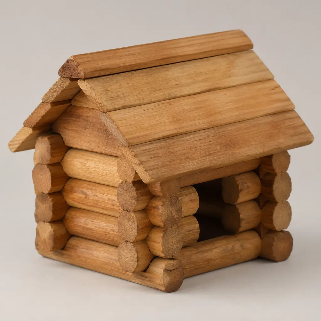 A wooden log construction toy built into a small cabin shape