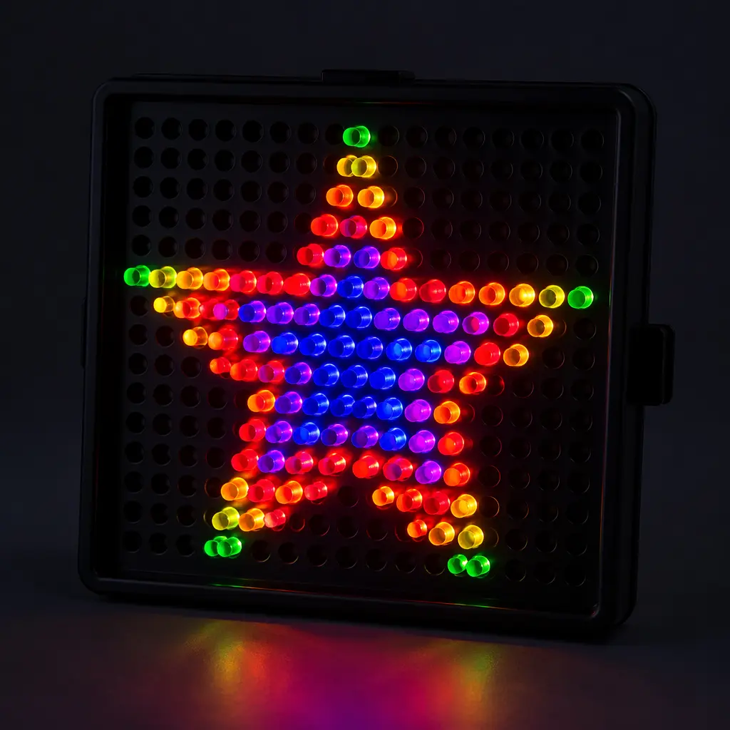 A glowing peg board toy with colourful light-up pegs in a dark room