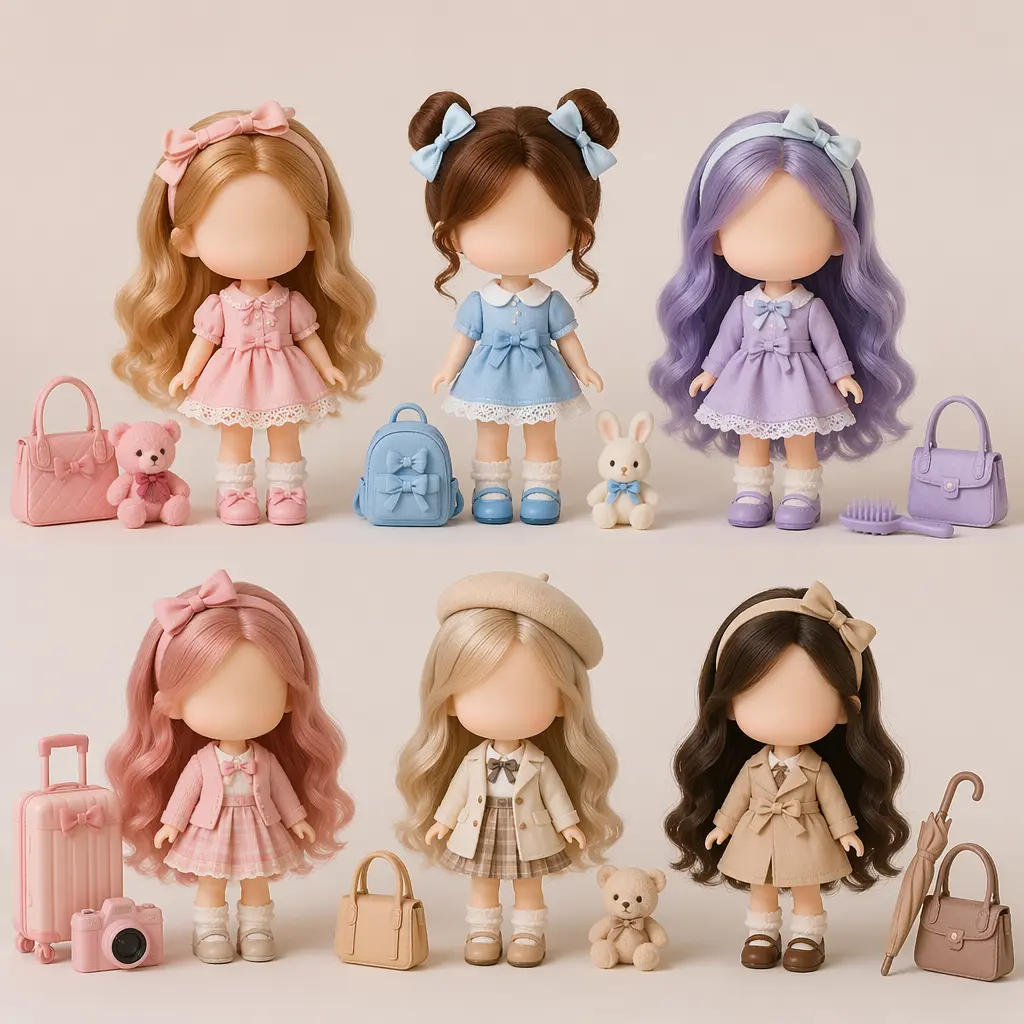 A group of small collectible fashion dolls with oversized heads and tiny accessories arranged in a pastel studio setting