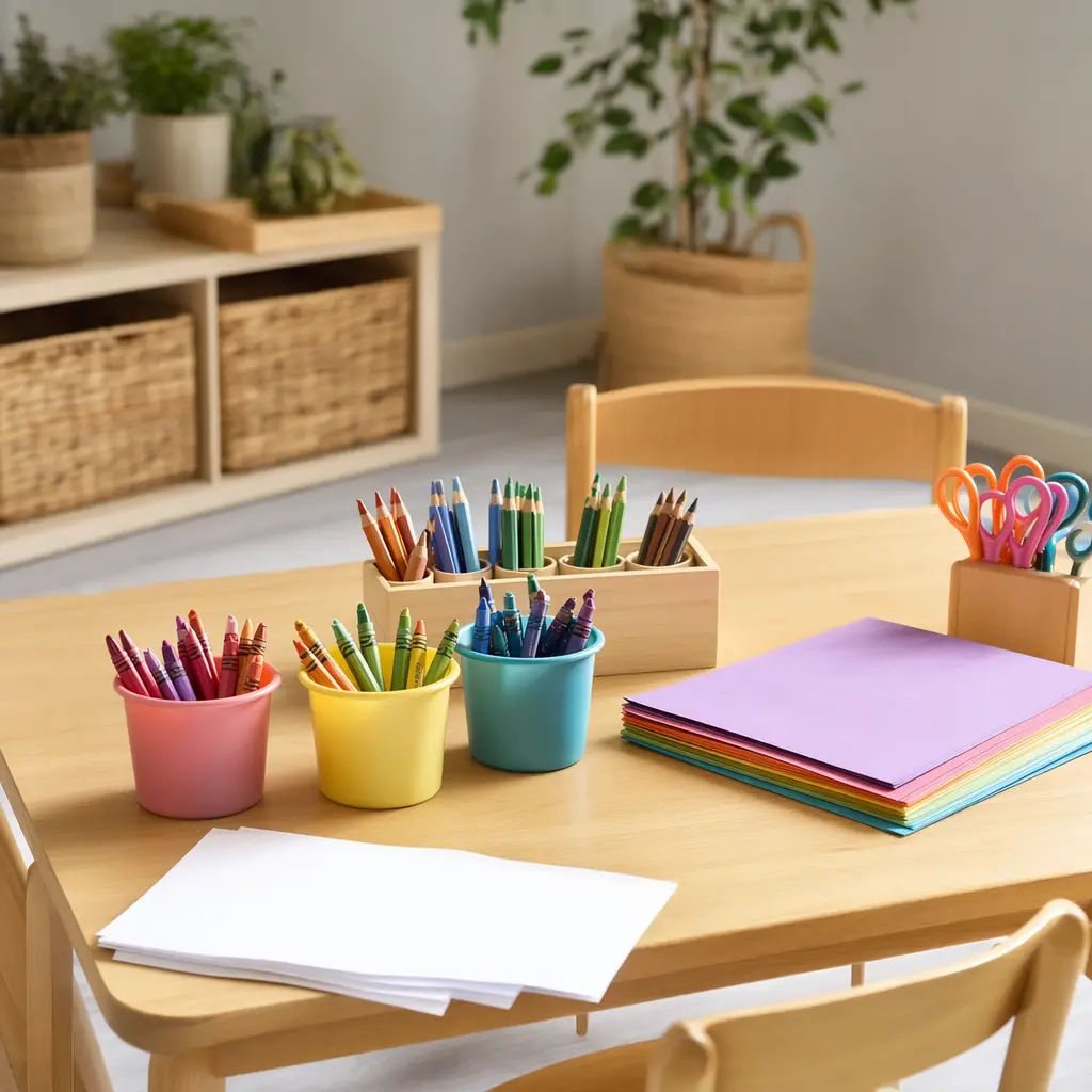 Child-sized table set up with basic art supplies arranged in containers