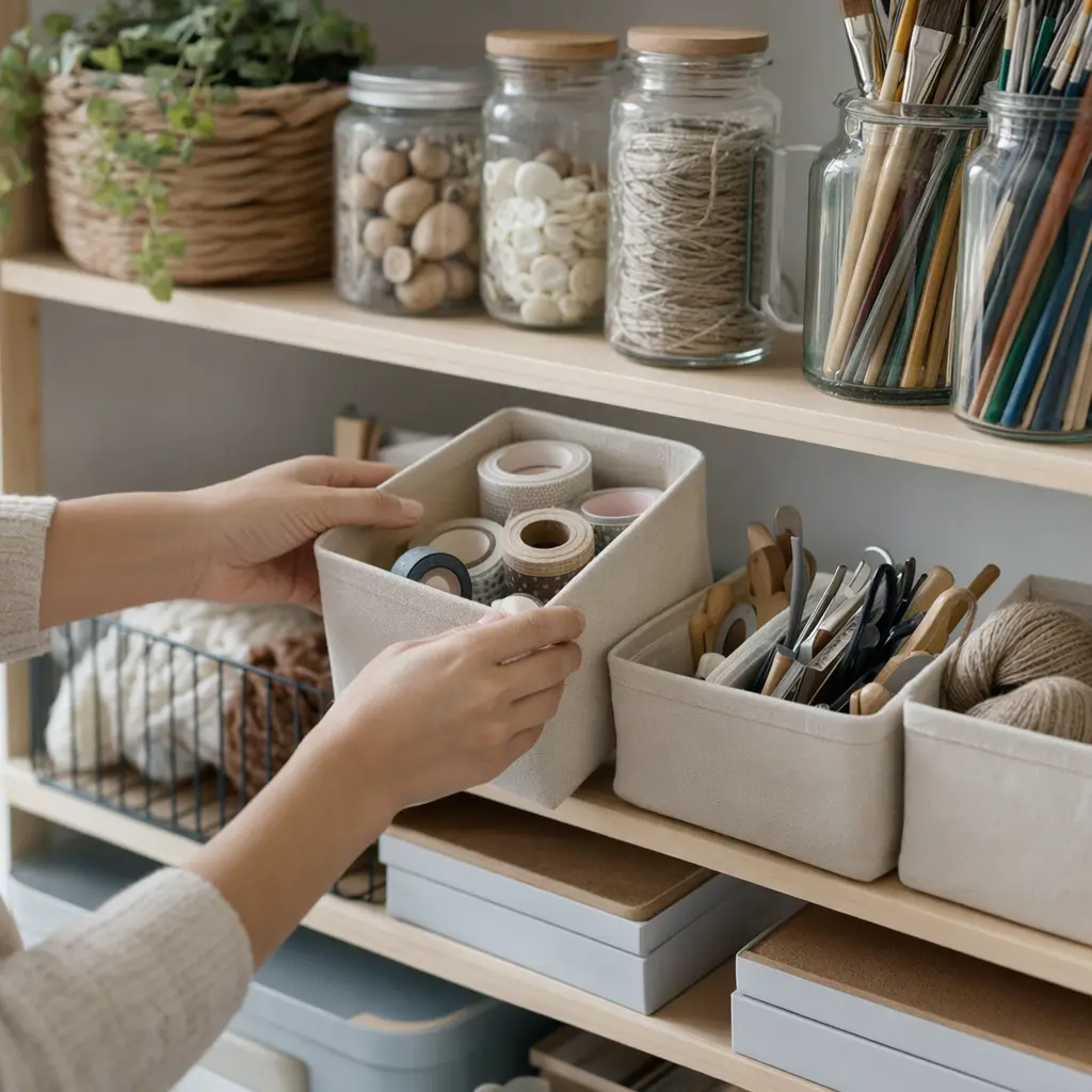 Art supplies organized into bins and jars on shelves