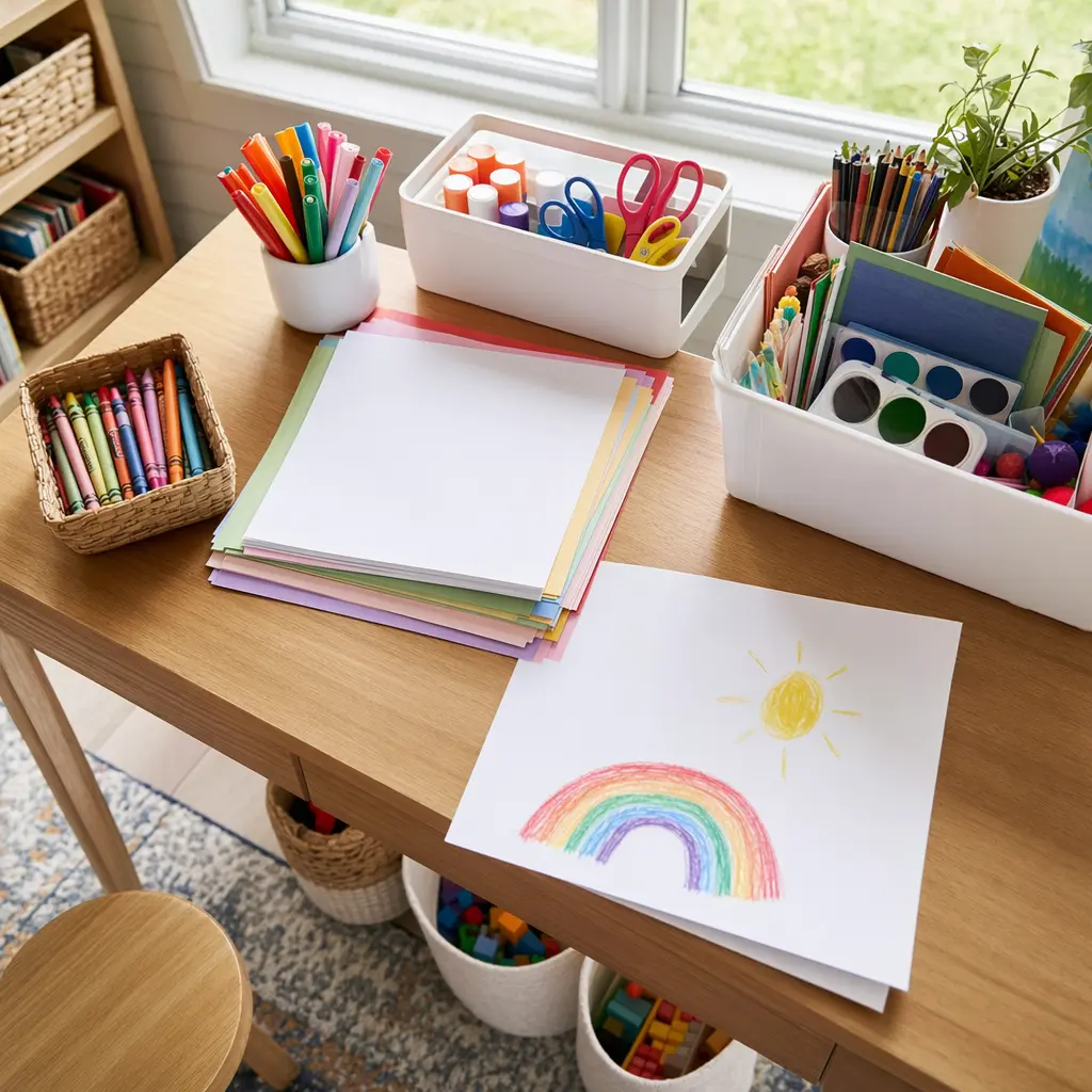 A neatly organized children's art station with basic craft supplies on a wooden table