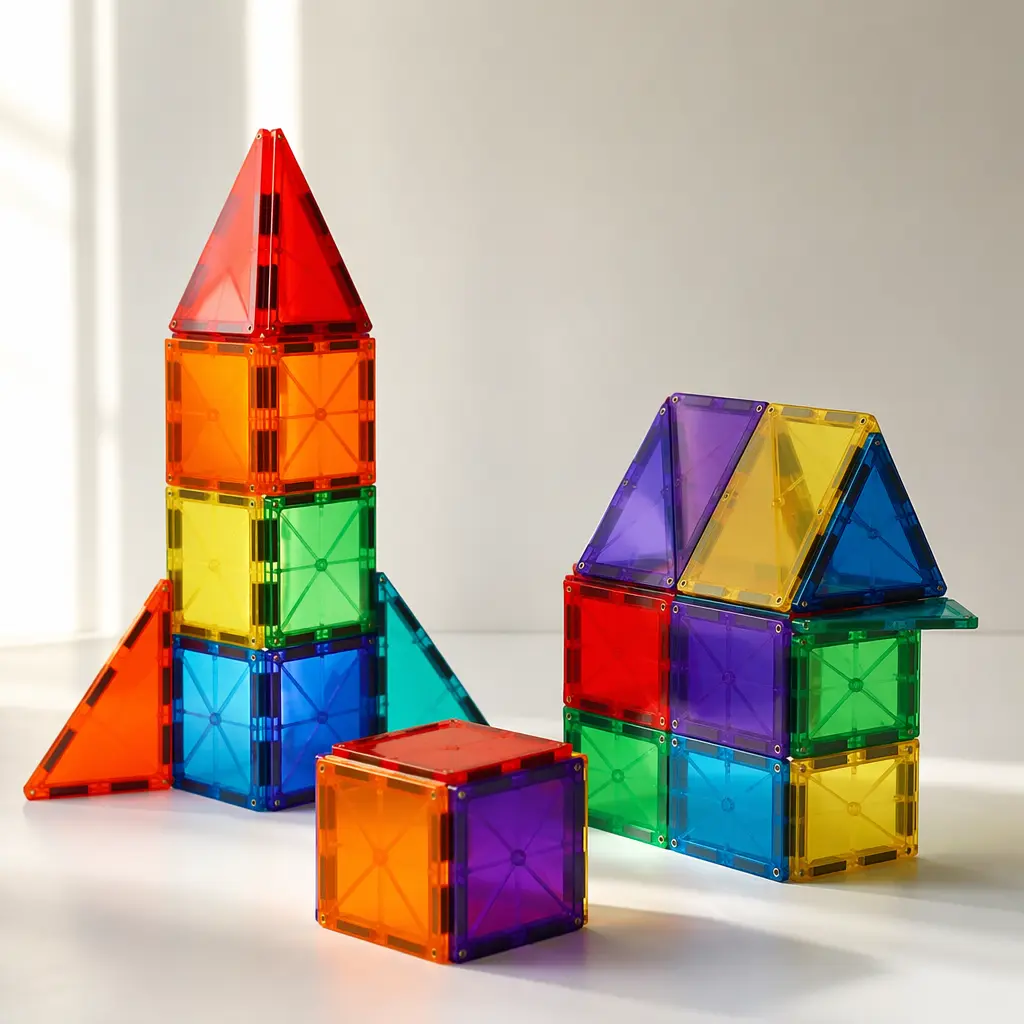 Translucent magnetic tiles built into simple geometric shapes