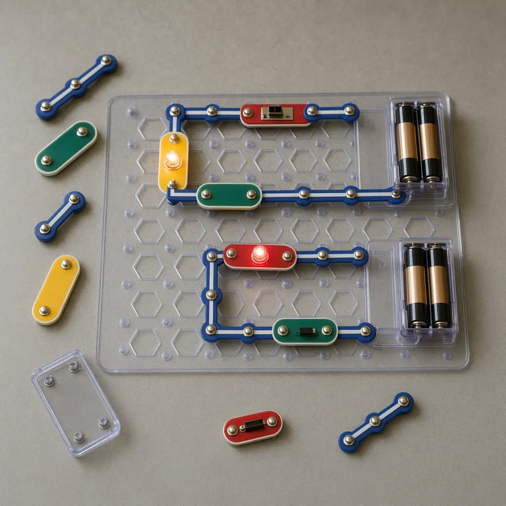 Overhead view of magnetic circuit pieces forming simple electronic paths