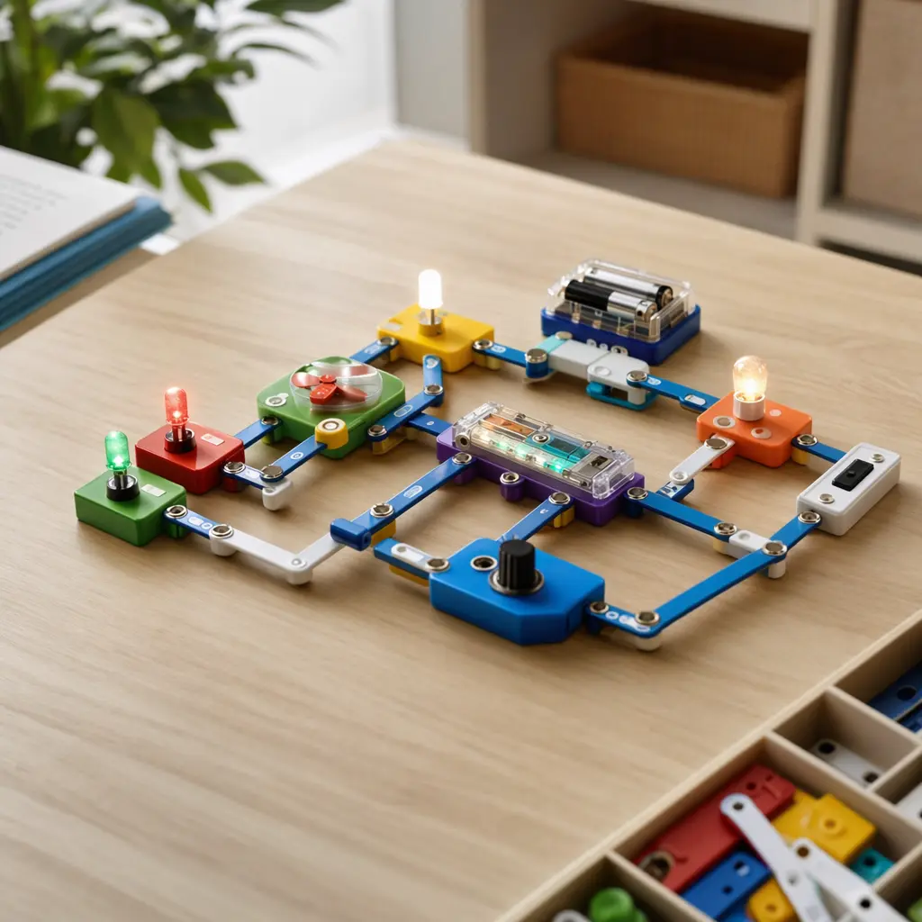 Snap-together magnetic circuit pieces connected on a table with small lights