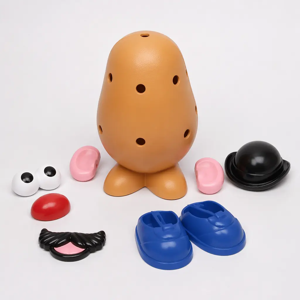 A potato-shaped toy with mix-and-match facial features laid out around it