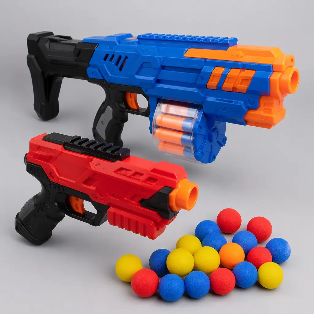 A collection of colourful foam dart blasters and soft foam balls arranged in a studio setting