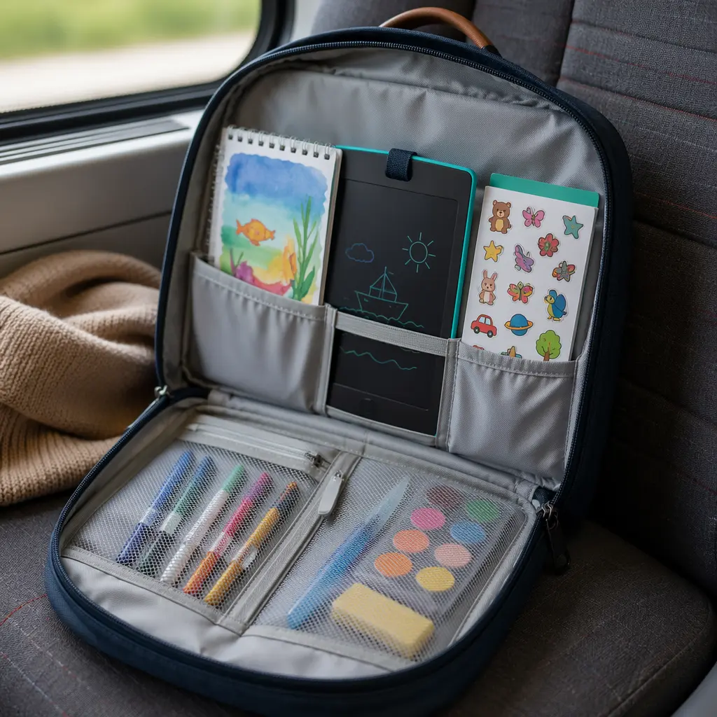 Compact backpack packed with no-mess art supplies for preschool travel.