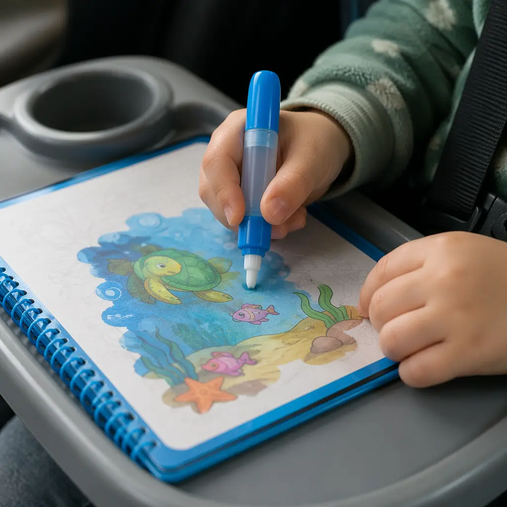 Water-reveal coloring activity being used neatly on a car seat tray.