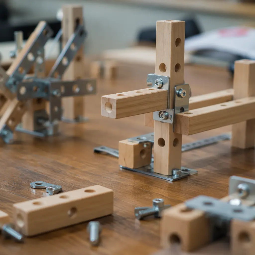 Abstract structures made from mixed building pieces on a desk