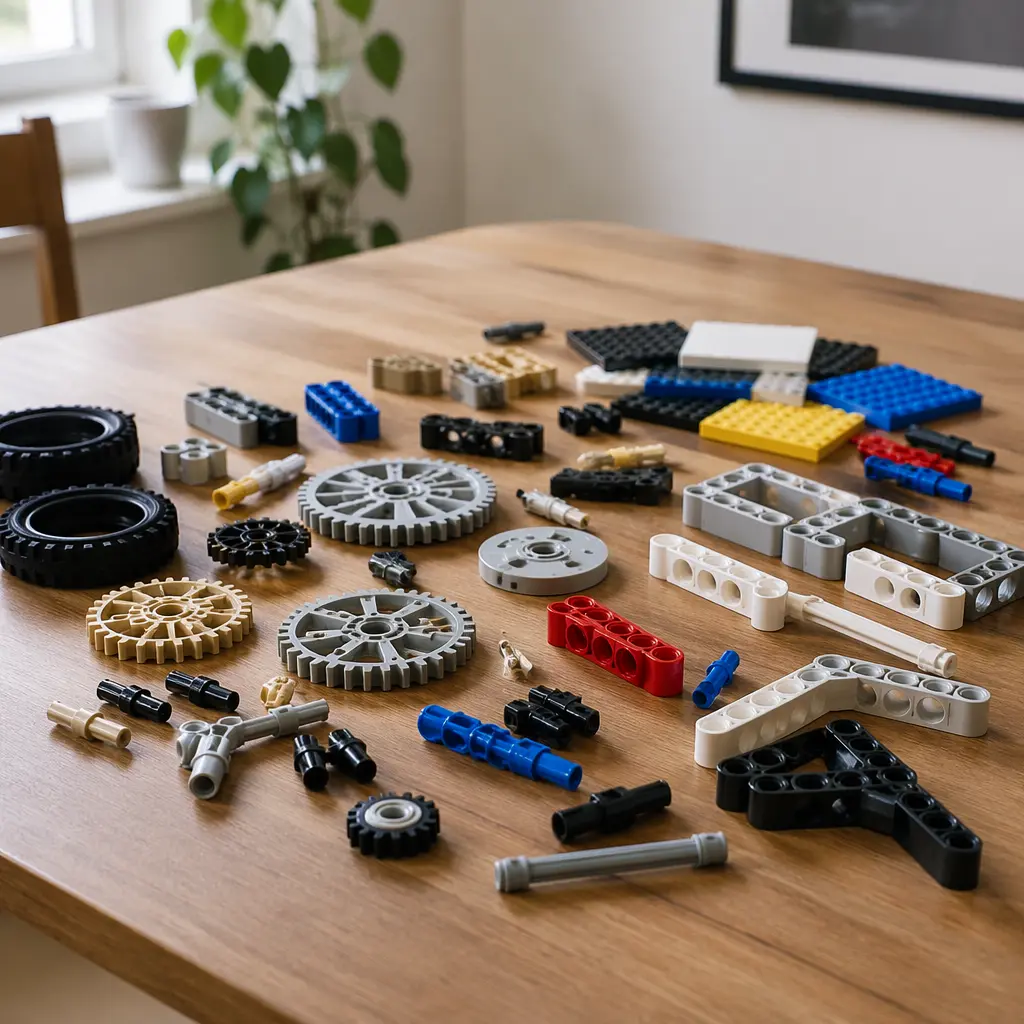 Open-ended building components laid out on a table in soft natural light