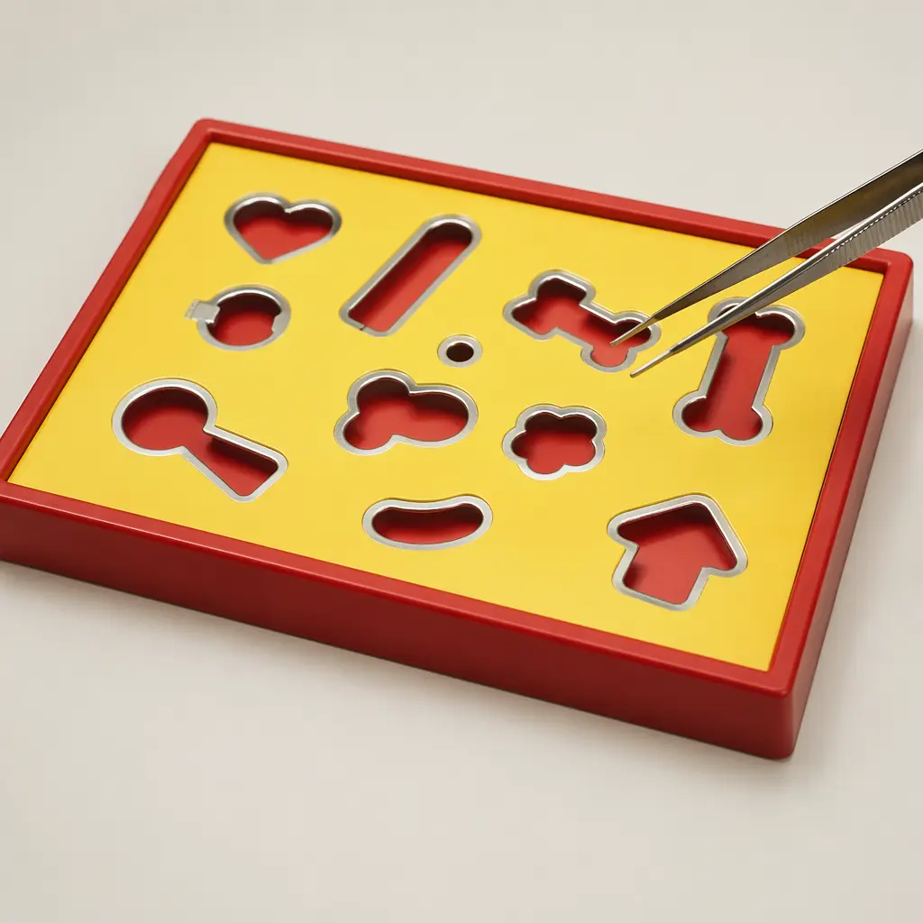A classic-style dexterity board game with tweezers poised over metal-edged cavities