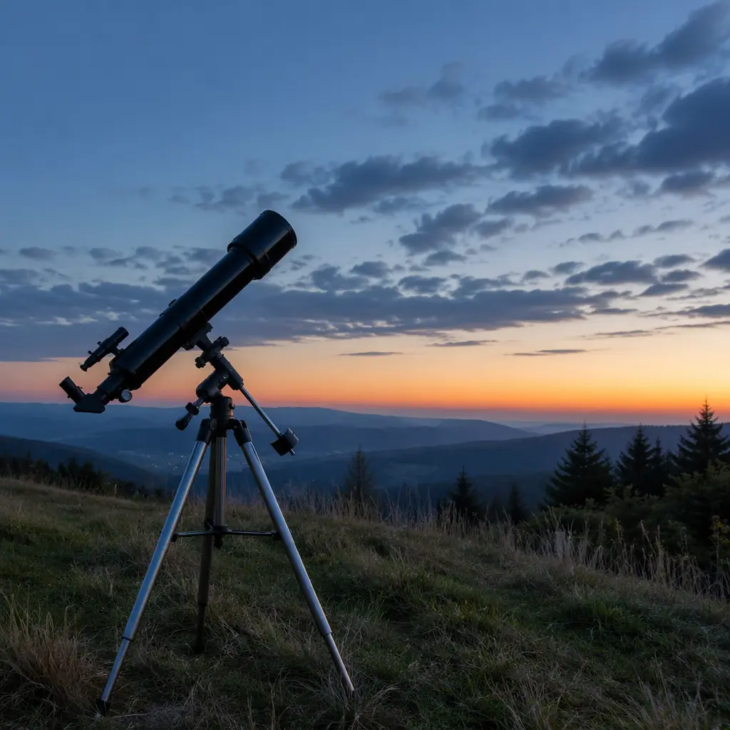 Telescope set up outdoors on a grassy hill