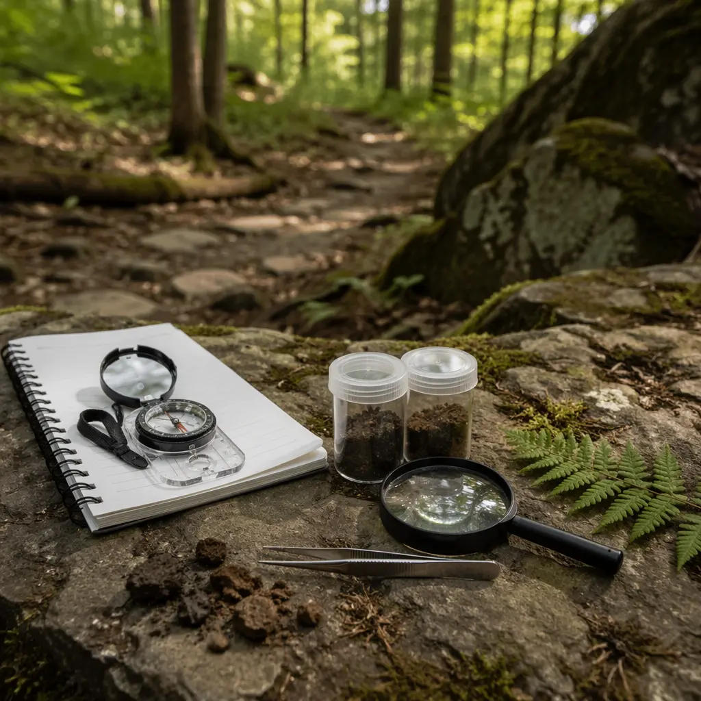 Field science tools arranged on a forest trail