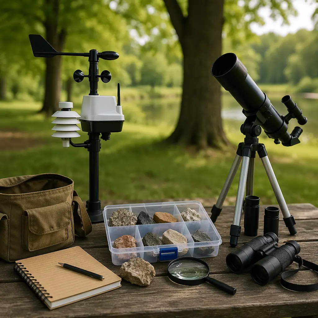 Outdoor science tools set up on a picnic table in a park