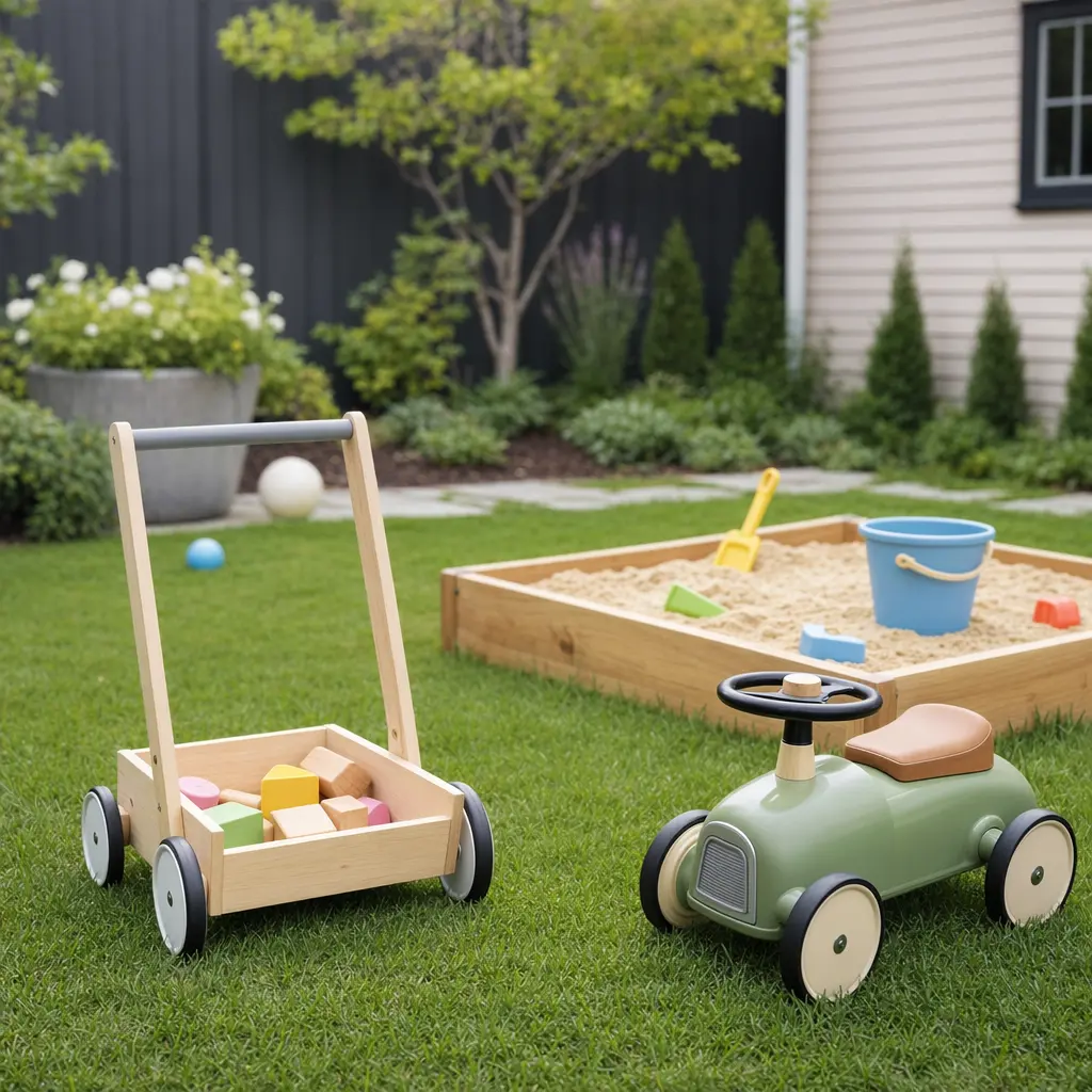 Battery-free outdoor toys for toddlers arranged on grass in a sunny backyard