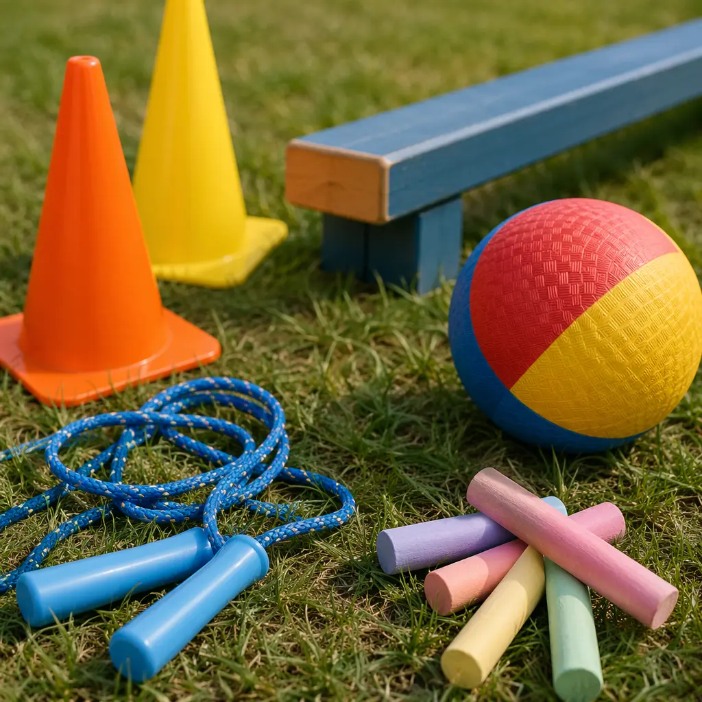 Simple outdoor play equipment laid out on grass for kids