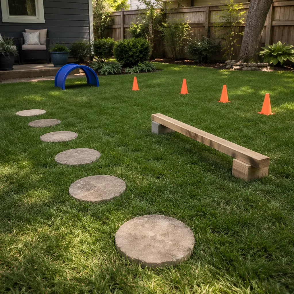 Backyard obstacle course made from simple outdoor play items