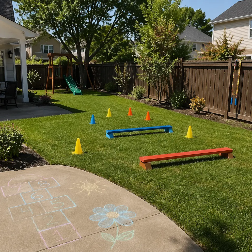 Backyard set up with simple outdoor toys for independent play, no people visible