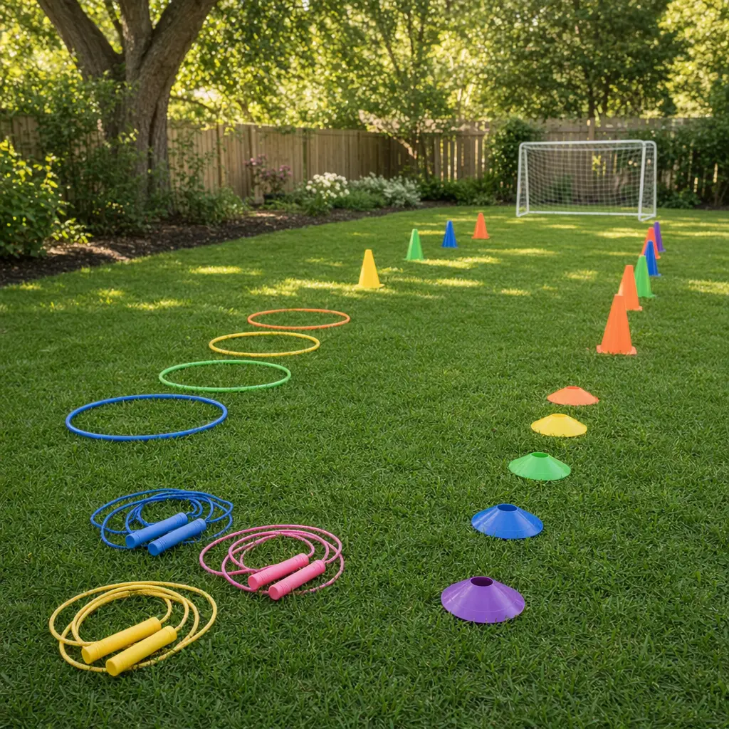Active play toys like jump ropes and cones set up on a lawn