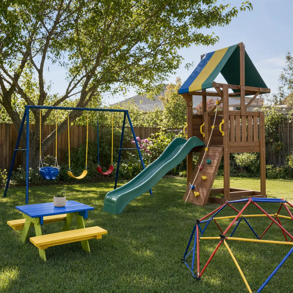 Assorted outdoor toys arranged on grass in a sunny backyard