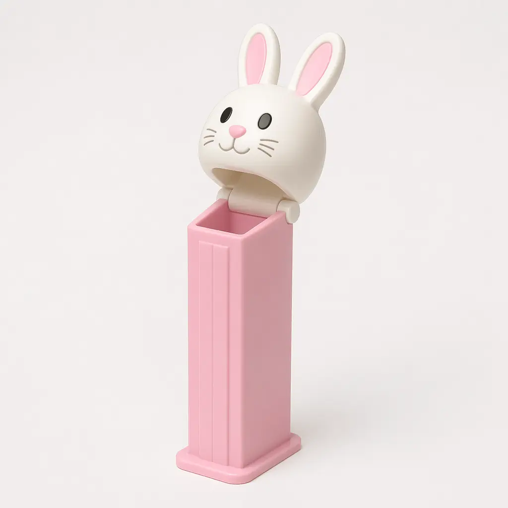 A colourful, generic candy dispenser with a hinged head on a clean background