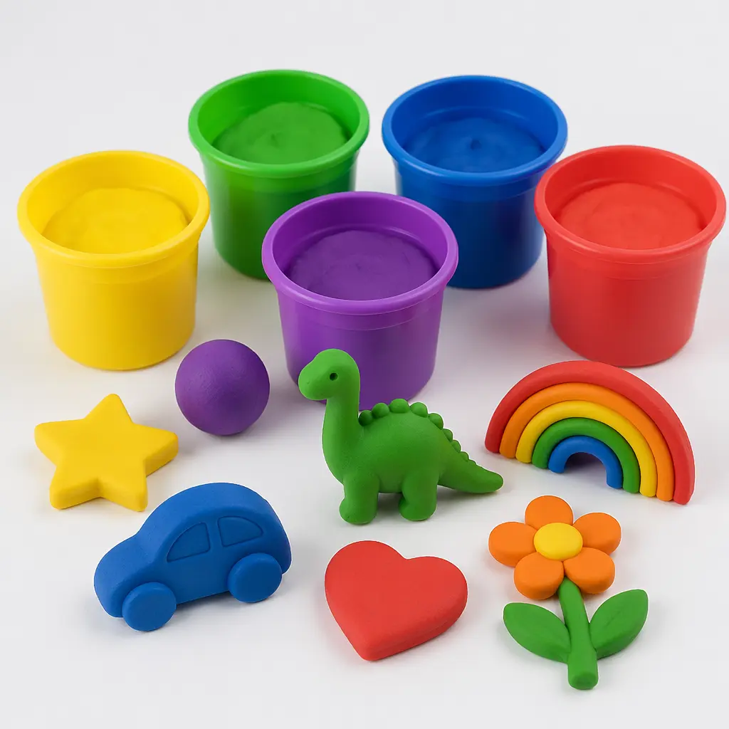 Colorful modeling compound shaped into simple forms beside plain tubs