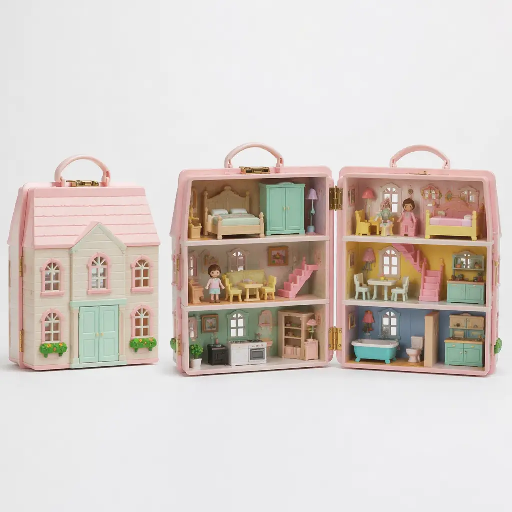 A small fold-out dollhouse with miniature rooms and tiny figures, shown open and closed