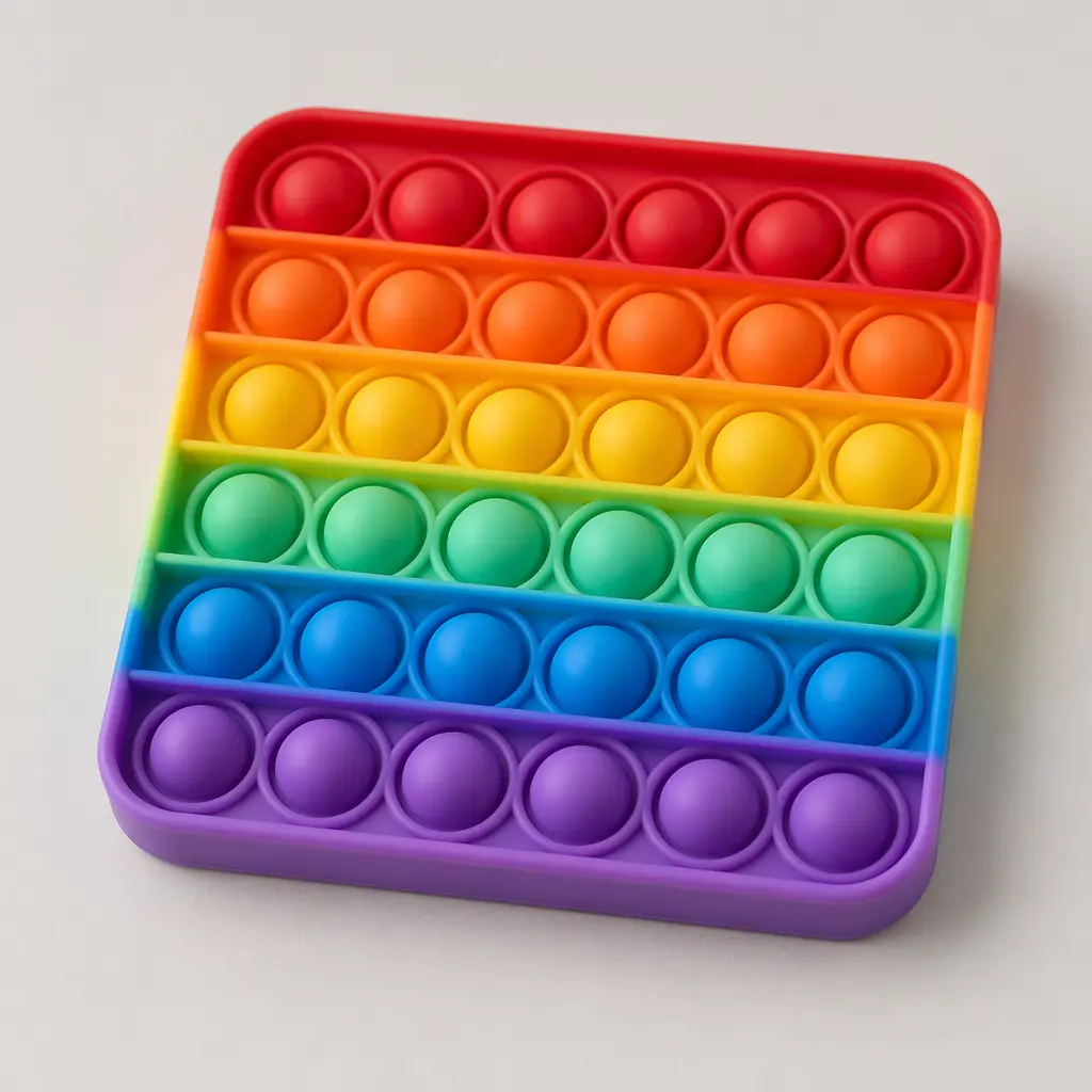 A colourful silicone Pop It style fidget toy with raised bubbles on a neutral background