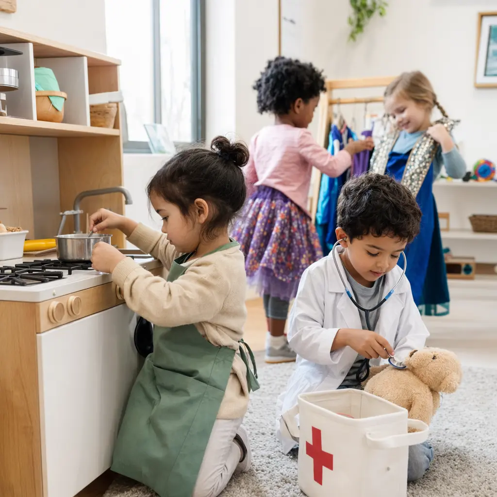 Preschool children role-playing together with open-ended pretend play toys in a bright playroom