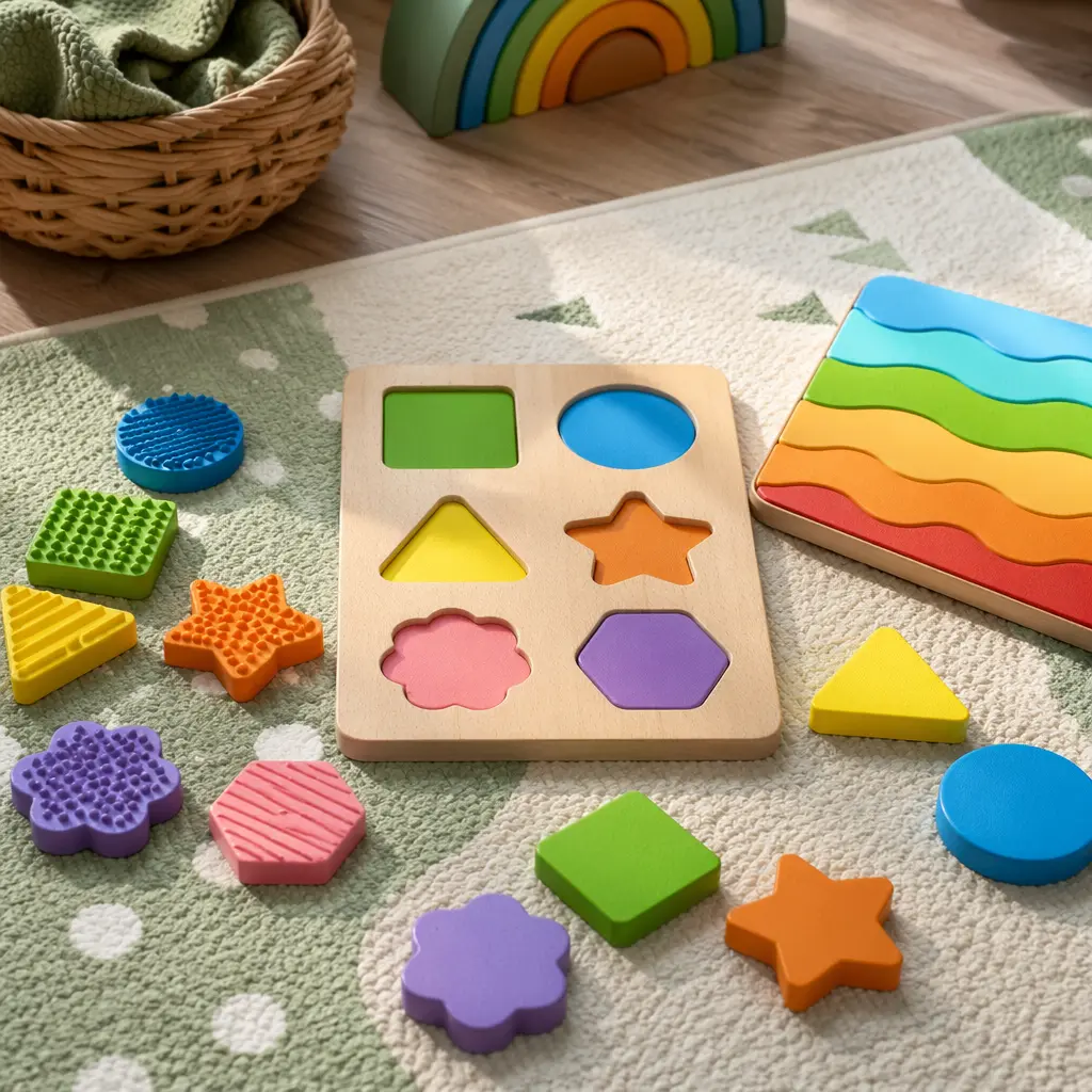 Hands-on puzzle pieces arranged on a floor mat, showing how puzzles can feel like open-ended toys
