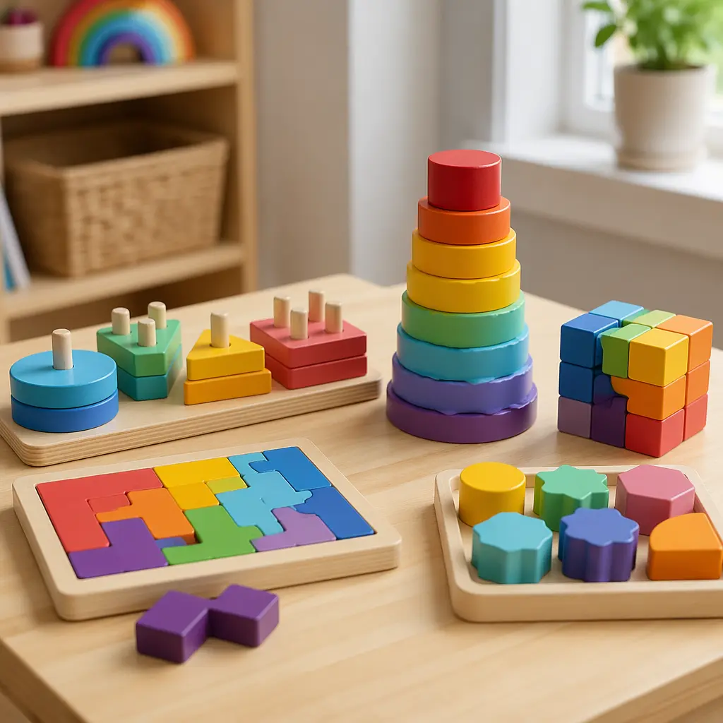 Assorted hands-on puzzle toys laid out on a play table for children ages 6 to 8