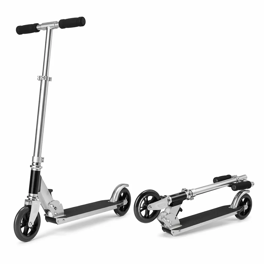 A simple aluminium kick scooter shown folded and unfolded