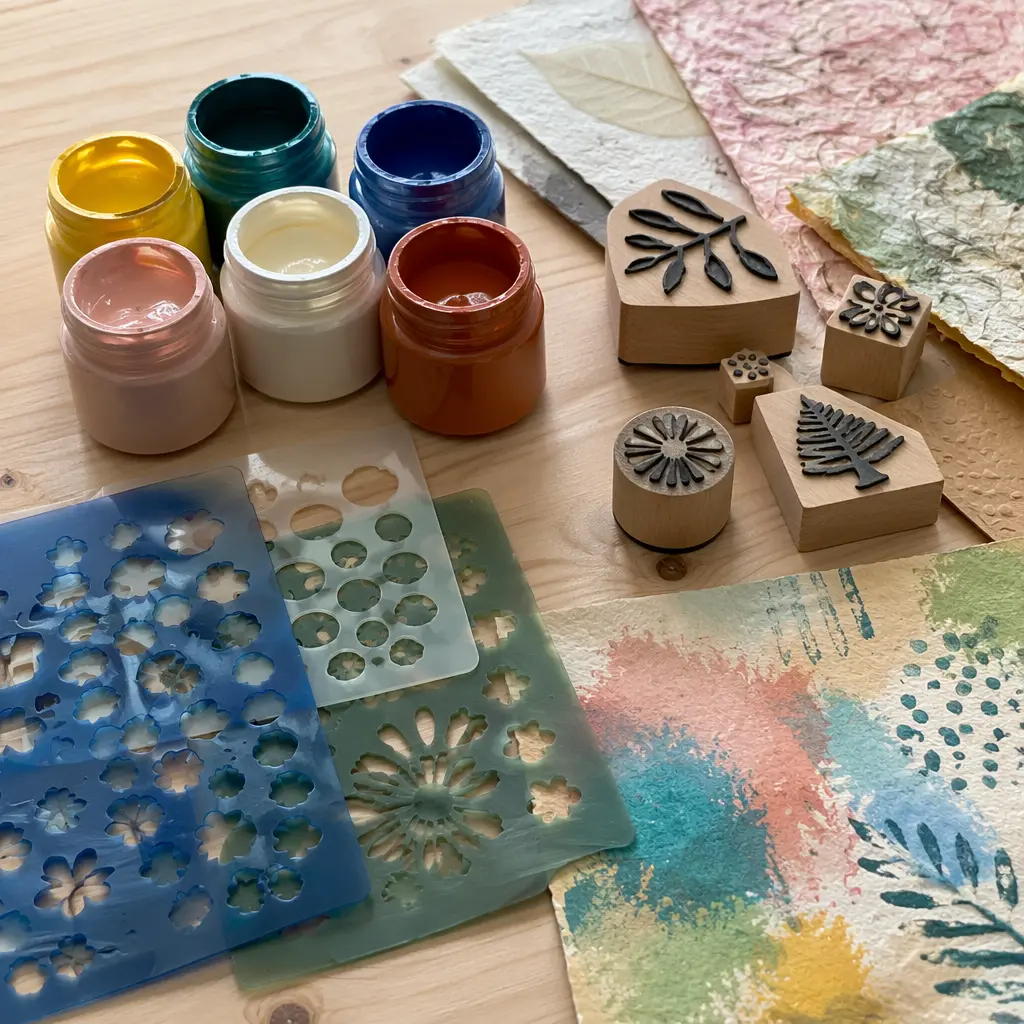 Open-ended craft tools and materials arranged for creative play