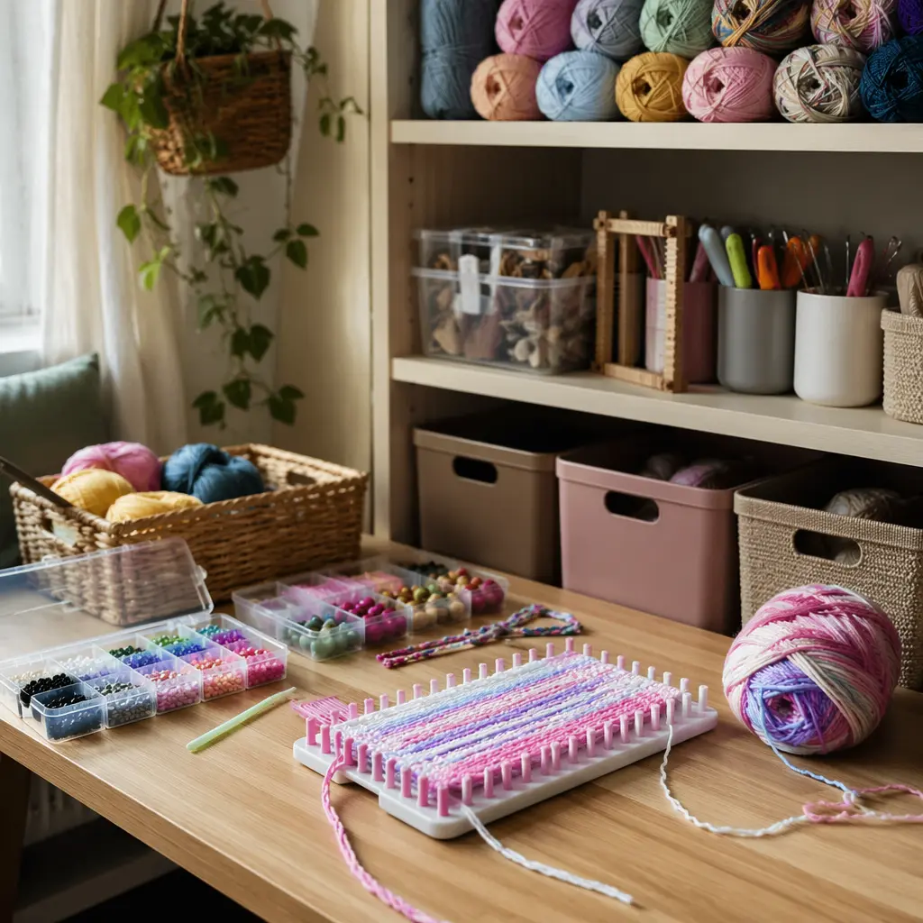 Organized reusable craft workspace with yarn and beads