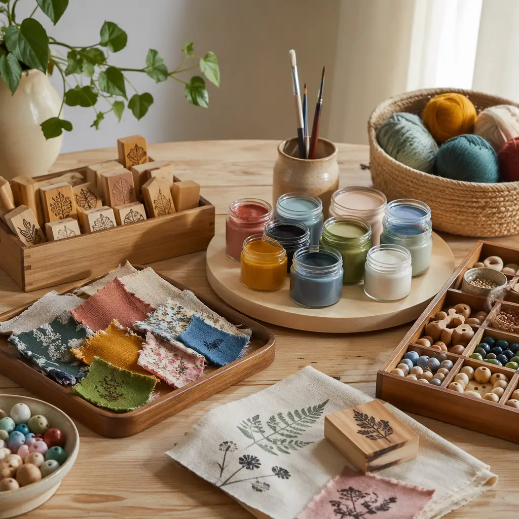 Reusable arts and crafts supplies neatly arranged on a table