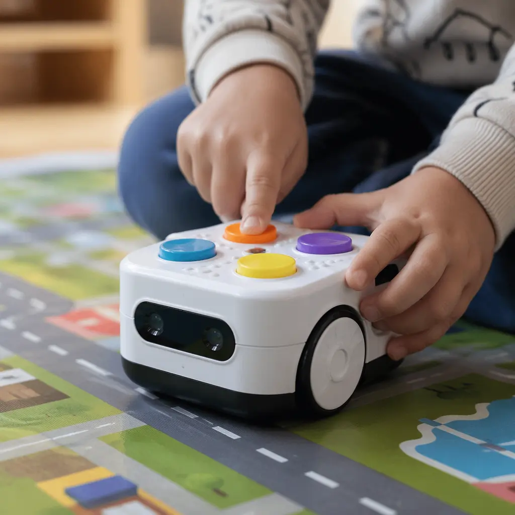 Hands pressing buttons on a screen-free coding robot on a play mat