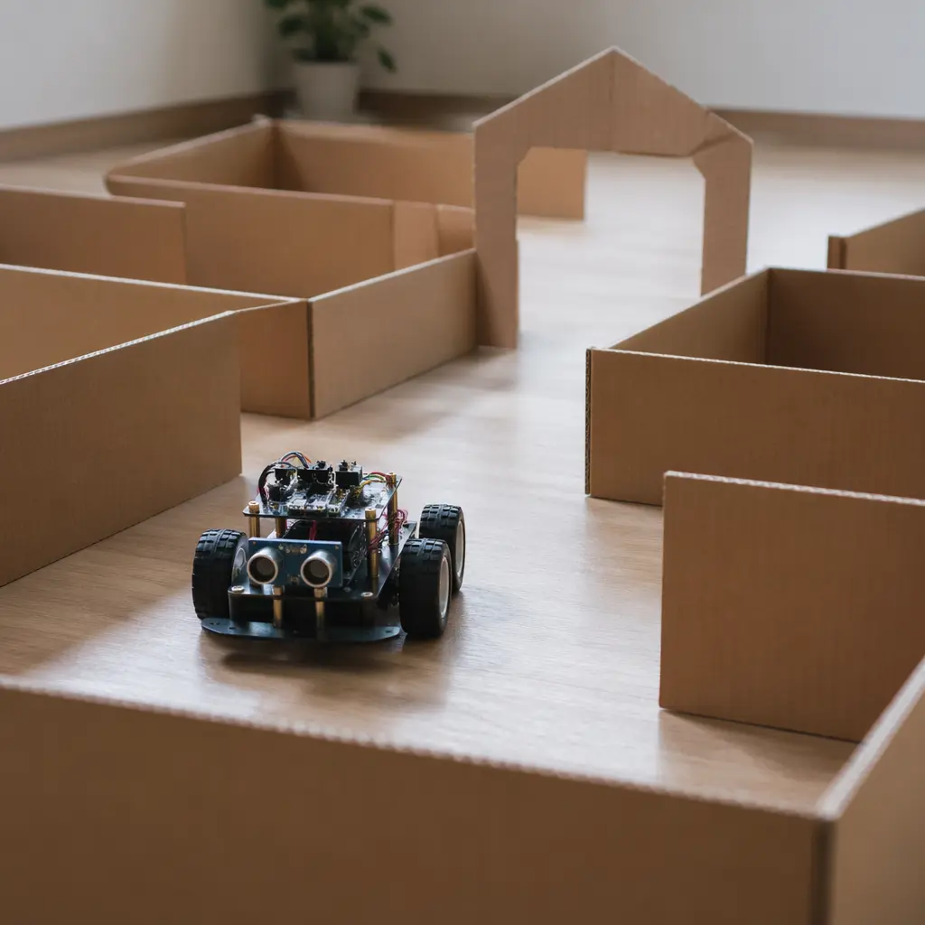 A coding robot navigating a cardboard obstacle course on the floor