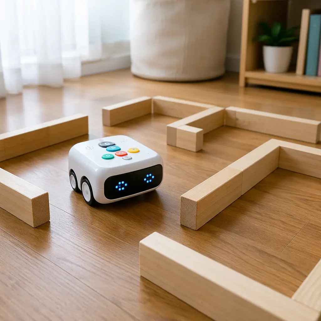 A small screen-free coding robot navigating a simple floor maze made of wooden blocks
