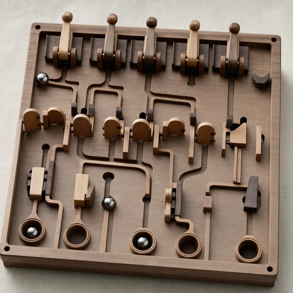 Mechanical logic puzzle board showing physical cause-and-effect