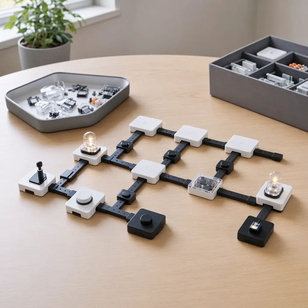 Screen-free electronic logic toy components arranged on a tabletop