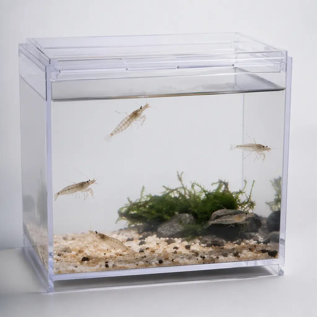 A small clear tank holding tiny shrimp-like creatures swimming in water