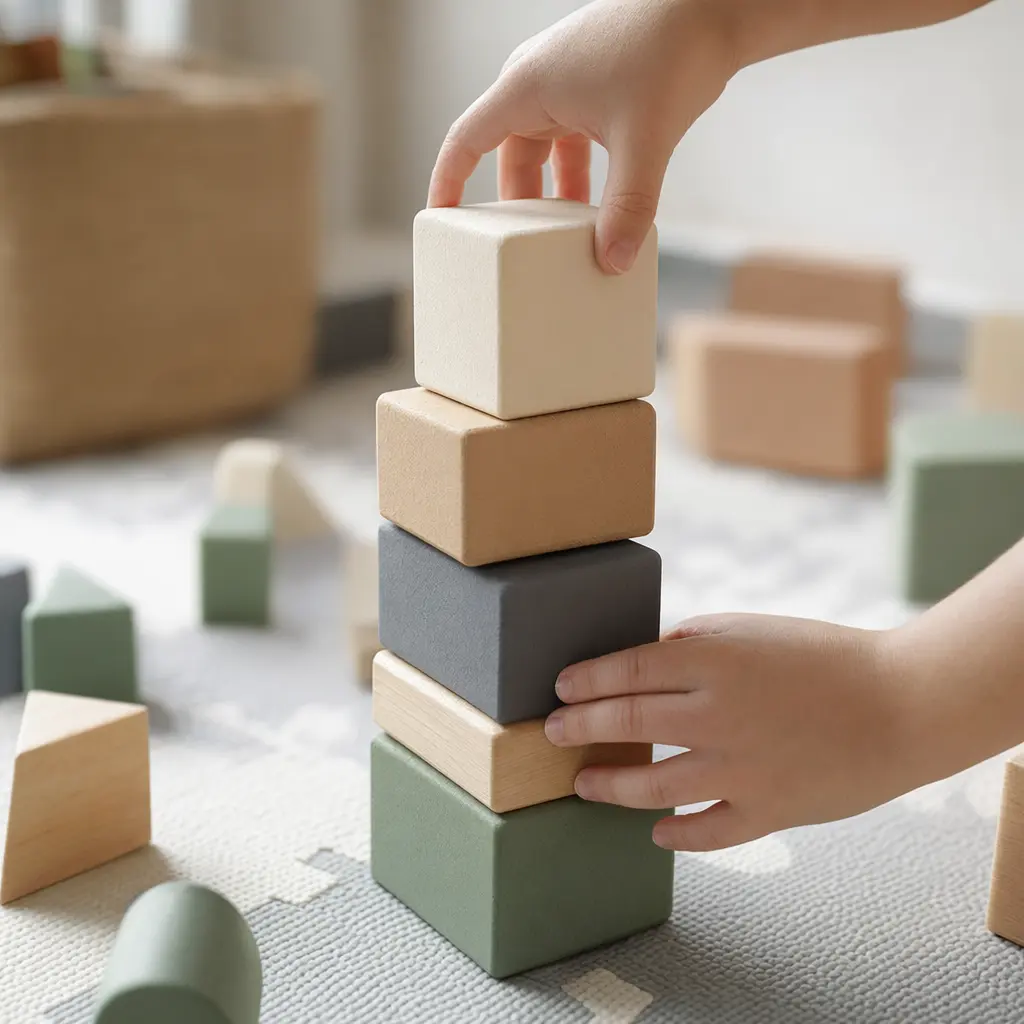 Oversized blocks being stacked on a soft play mat by small hands