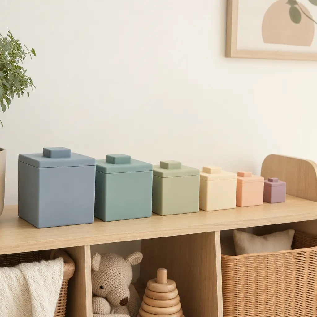 Soft silicone stacking blocks arranged by size on a nursery shelf