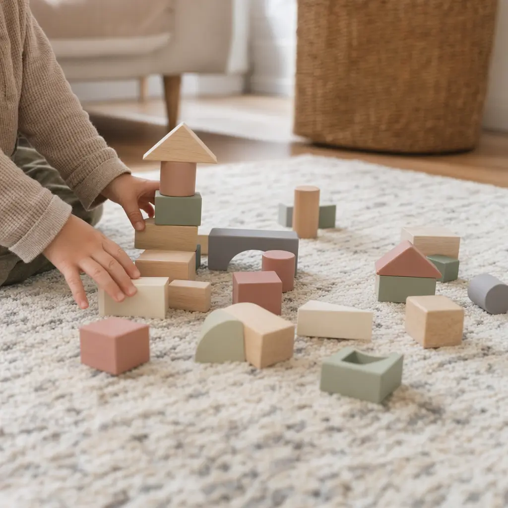 Chunky screen-free building blocks on a living room rug with toddler hands reaching to stack them